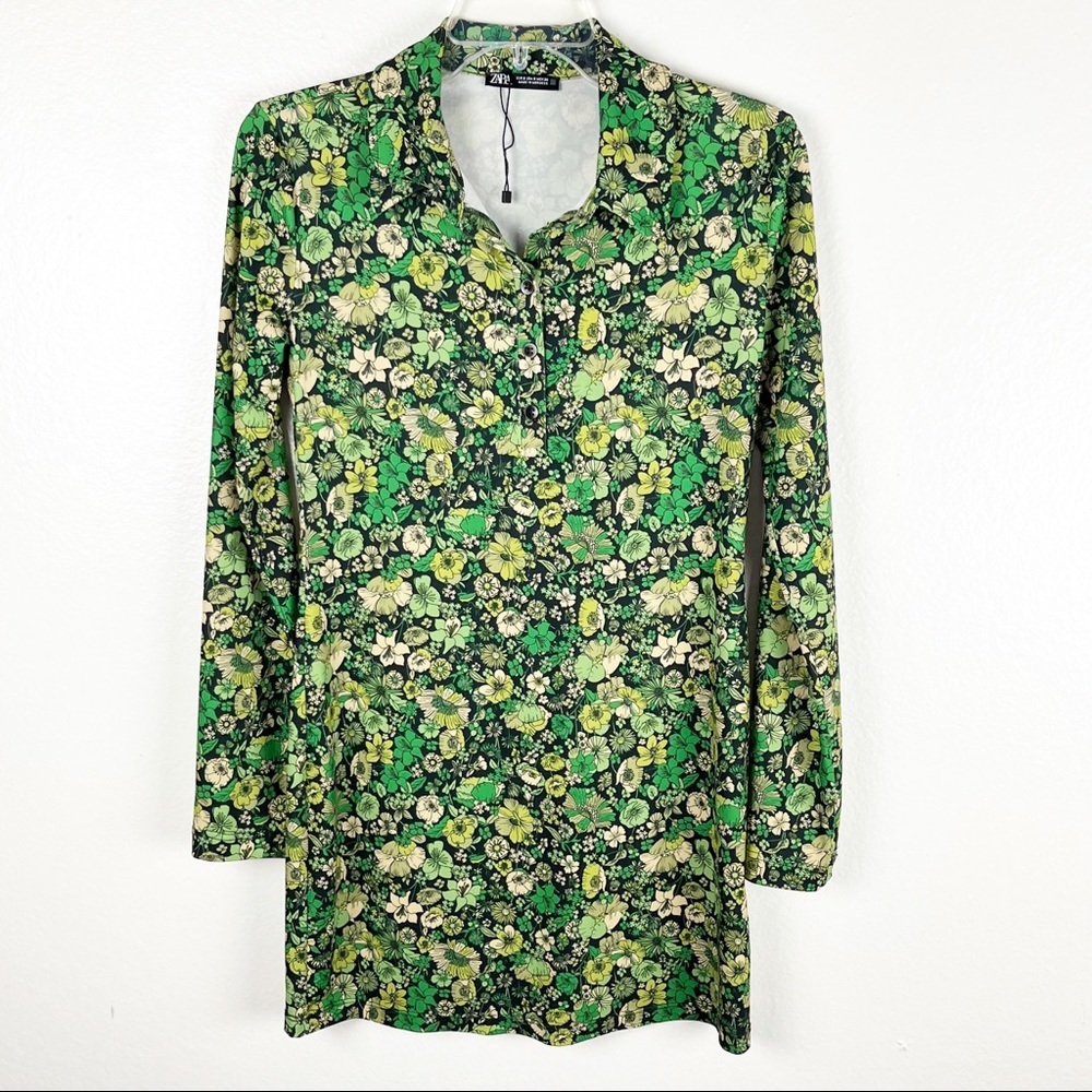 ZARA Green Floral Long Sleeves Collared Shift Dress Small Casual Boho Hippie